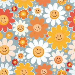 Seamless vector pattern with happy flower stickers. Cute daisy with smiling face on background. Positive groovy graphic for wallpaper, wrapping paper, ...