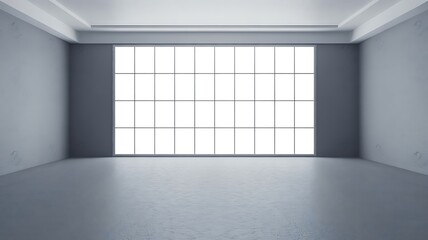Empty gray room with large grid window concrete floor