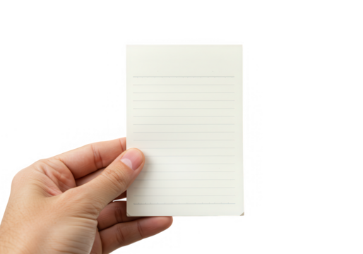 A hand holding a blank lined notepad is isolated on a transparent background