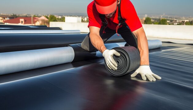 Roofing Worker Preparing a Roll of EPDM Roof Membrane Material, forces on hand closeup