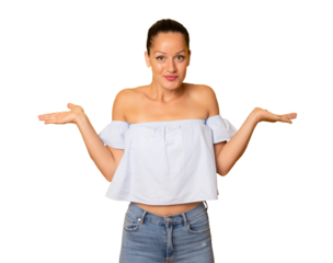 Doubtful young brunette woman in casual clothes isolated over transparent background. PNG.