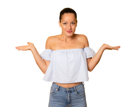 Doubtful young brunette woman in casual clothes isolated over transparent background. PNG.