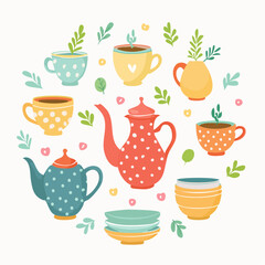 Set of colorful ceramic objects. Cute mugs, cups, plates, teapots, vase and candlestick. Retro funky kitchen decor. Bizzare clay tableware. Vector ...