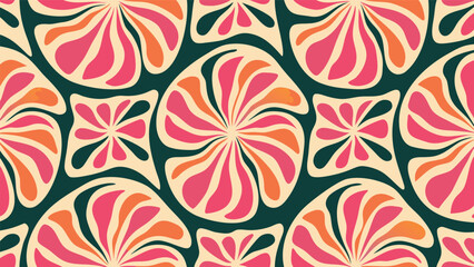 Seamless pattern with stylized floral motifs in pink orange and dark green colors creating a retro vibe