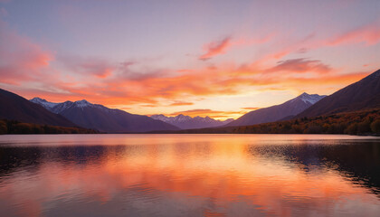 Fototapeta premium Serene lake landscape reflecting mountains and sunset sky colors 