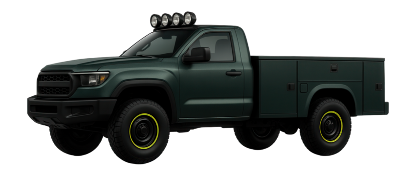 Service pickup truck with reinforced bumper and roof-mounted floodlights