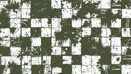 Illustrated geometric checkered pattern featuring grunge texture and paint splatter details, conveying artistic flair.