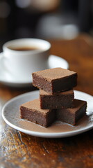 Delicious brownies served with a cup of coffee at a cozy cafe on a warm afternoon