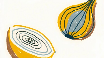 A simple illustration of two onions, one whole and one cut in half, on white background