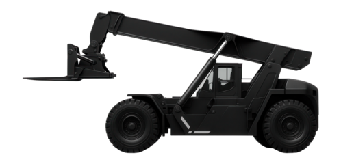 Heavy-lift vehicle with a matte black finish and contrasting white lettering