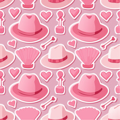 Seamless vector pattern with y2k pink girly stickers. Cute cowboy hat, bow, heart, matches, shell, cup on background. Trendy coquette texture in 2000s ...
