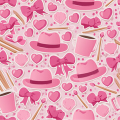 Trendy Y2K-Inspired Seamless Vector Design Featuring Cute Pink Stickers, Including Cowboy Hat, Bow, Heart, Shell, and Cup on Stylish Background.