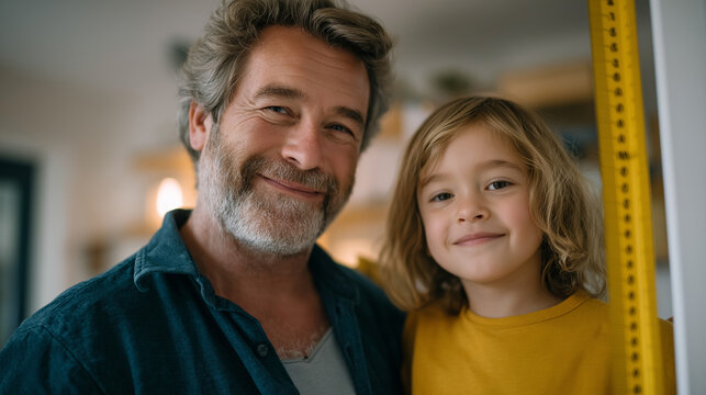 Dad Measuring Daughter's Height in a Cozy Home