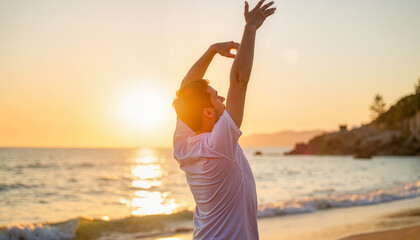 Young man stretching by the beach during sunset  
