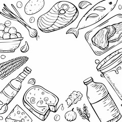 Set of hand drawn supermarket products illustrations. Food doodle sketches. Outline cans, vegetables, fruits, steak, milk, fish, eggs and other grocery items. Vector cooking ...
