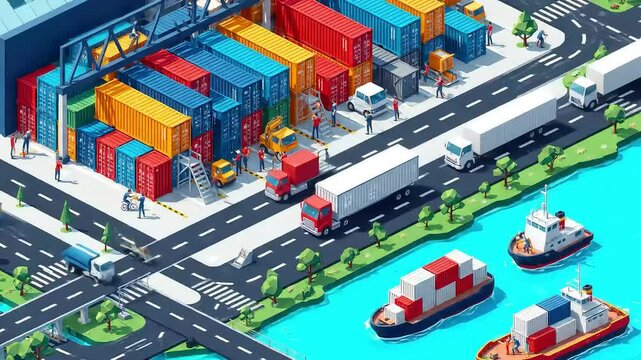 Busy Shipping Port Isometric View with Trucks and Cargo Ships Cartoon Style