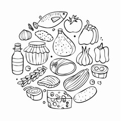 Set of hand drawn supermarket products illustrations. Food doodle sketches. Outline cans, vegetables, fruits, steak, milk, fish, eggs and other grocery items. Vector cooking ...
