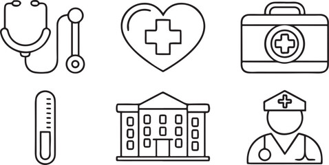 Fototapeta premium Healthcare And Medical Services Icon Collection, Stethoscope, Hospital Building, Doctor Profile, Thermometer, Heart Care, Clean Editable Vector Style