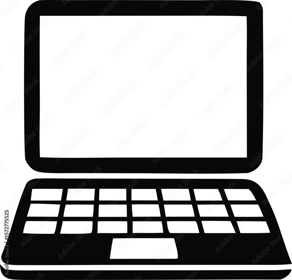 Fototapete A simple black and white illustration of an open laptop computer with a blank screen and keyboard visible