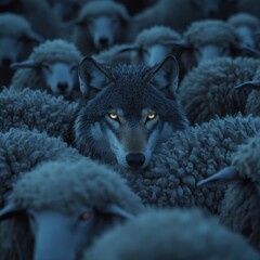 A wolf is in the middle of a herd of sheep