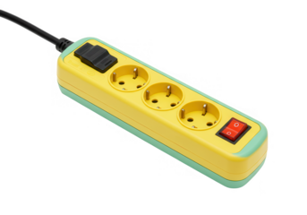 A colorful power strip with multiple outlets and a switch, providing electrical connectivity on a white backdrop isolated on transparent background