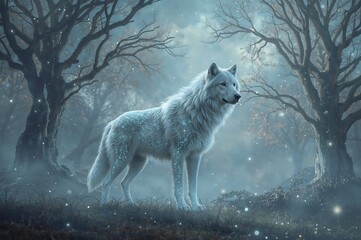 A majestic white wolf standing in a misty forest with bare trees and glowing lights all around it