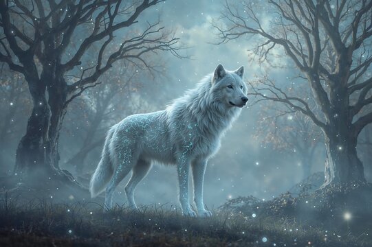 A majestic white wolf standing in a misty forest with bare trees and glowing lights all around it - Powered by Adobe