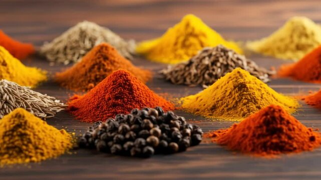 Various colorful aromatic Indian spices and herbs: curry, cumin, saffron in heaps on dark wooden table.