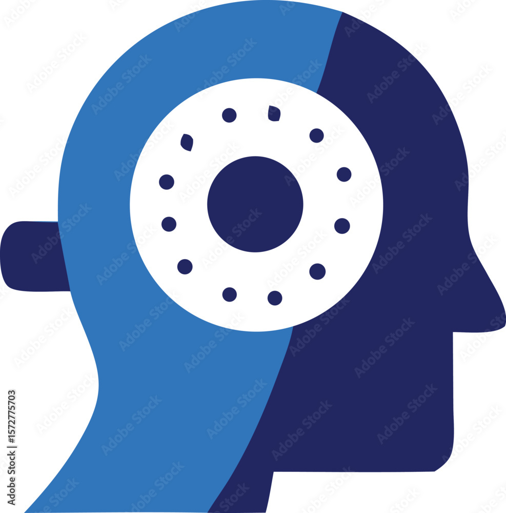 Poster abstract representation of a human head profile with a circular patterned element symbolizing though
