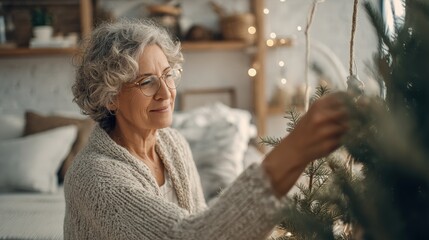 Older woman placing a garland on a decorated Christmas tree indoors during daytime.