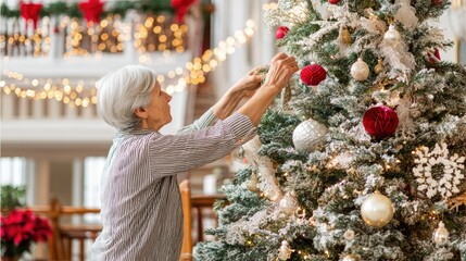 Woman decorating a Christmas tree with ornaments in a hotel lobby during daytime holiday season.