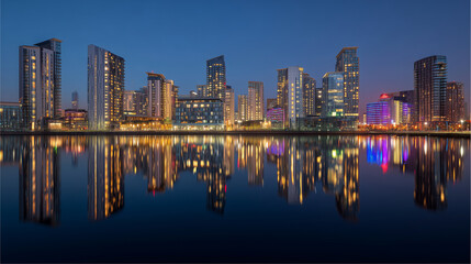 Fototapeta premium Contemporary skyline photography at twilight with glowing skyscraper lights and vivid reflections on glass buildings