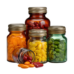 Colorful pills and capsules in jars vitamins supplements isolated on transparent background