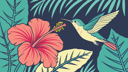  Hummingbird Feeding on Hibiscus - Tropical Vector Art