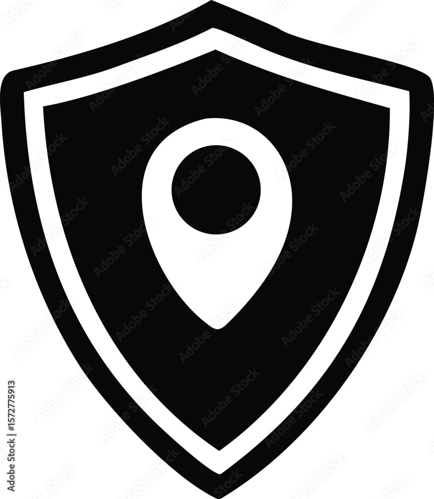 Poster black shield icon with a white location pin symbol inside representing secure navigation and locatio