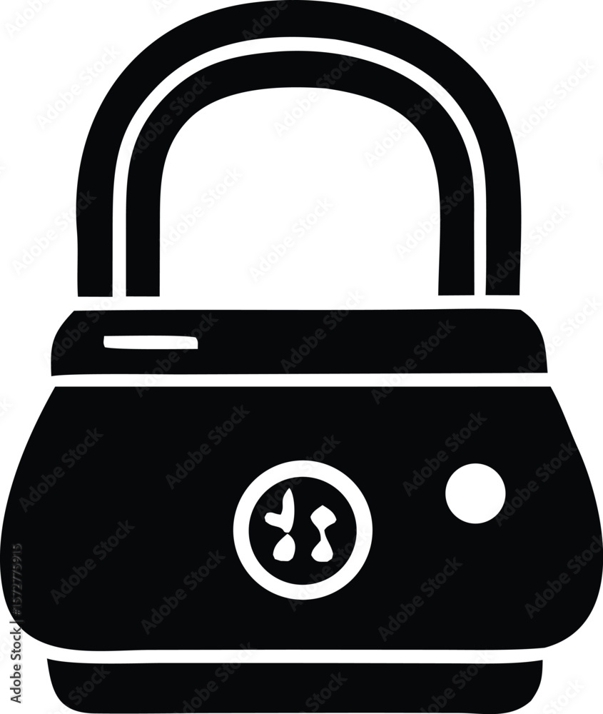 Poster a stylized black icon of a padlock featuring a circular emblem with a unique abstract design and a s