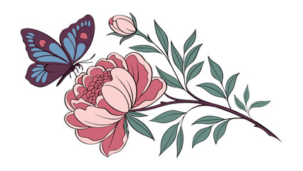 Peony and Butterfly - Elegant Floral Vector Illustration.
