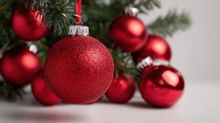 Obraz premium Red Christmas ornament hanging on a green pine tree branch with blurred festive lights background.