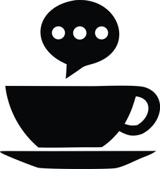 Black silhouette of a steaming coffee cup on a saucer with a speech bubble containing three dots above it signifying conversation or thought