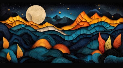 Abstract gorge landscape art depicting a right side view under the moonlit night sky in 1 giixel standard quality v2 3000h featu geometric designs.