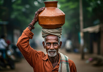 Elder asian man carries a clay pot on his head, traditional water carrier delivering water, daily life concept