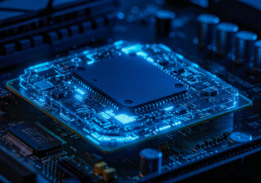 Close up view of a glowing blue computer chip on a circuit board. Microchip processor with light trails concept. Artificial intelligence and technology innovation.