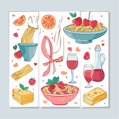 Set of hand drawn vintage posters in trendy style. Whimsical drawings of cherry with bow, pasta, wine and glass. Coquette girly design. Contemporary art vector illustrations