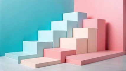 A minimalist arrangement of pastel colored geometric blocks forming ascending steps against a soft blue and pink background