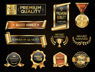 Award Winners medal logo collection golden award logo design isolated on black background