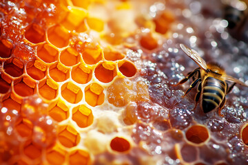 AI Image. Close-up of the bee on honeycomb