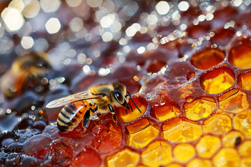 AI Image. Close-up of the bee on honeycomb