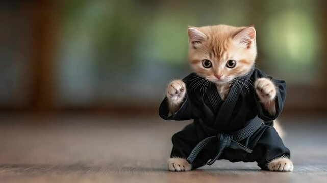 Kitten in martial arts gi ready for karate action indoors cute animal portrait