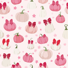 Seamless vector pattern with cute coquette pumpkins with burgundy bows. Pink halloween symbols on background. Autumn vegetables texture for wallpaper, ...