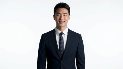 A man in a dark suit and tie smiles standing against a white background - Powered by Adobe